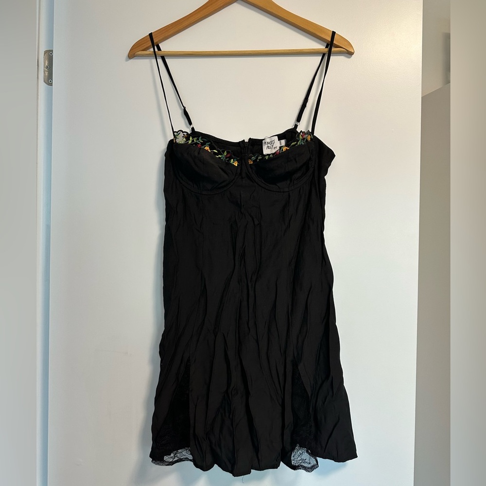 Bustier style black with floral detail mini dress